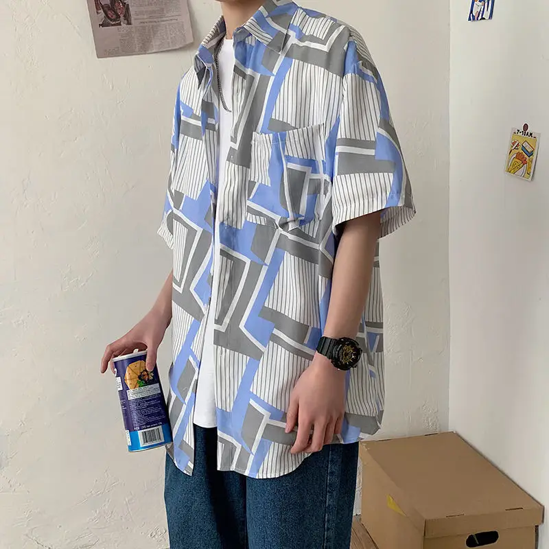 Men's Cat Print Short Sleeve Shirt Hong Kong Style Loose Casual
