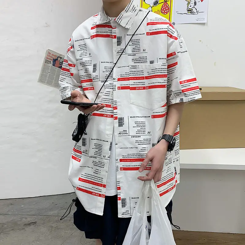 Men's Cat Print Short Sleeve Shirt Hong Kong Style Loose Casual