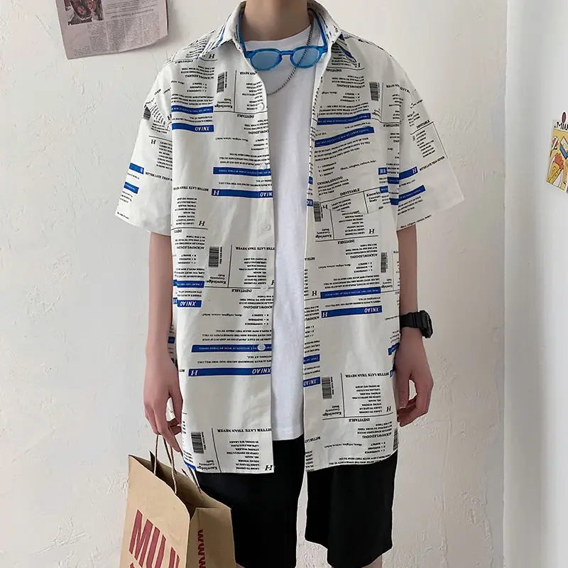 Men's Cat Print Short Sleeve Shirt Hong Kong Style Loose Casual