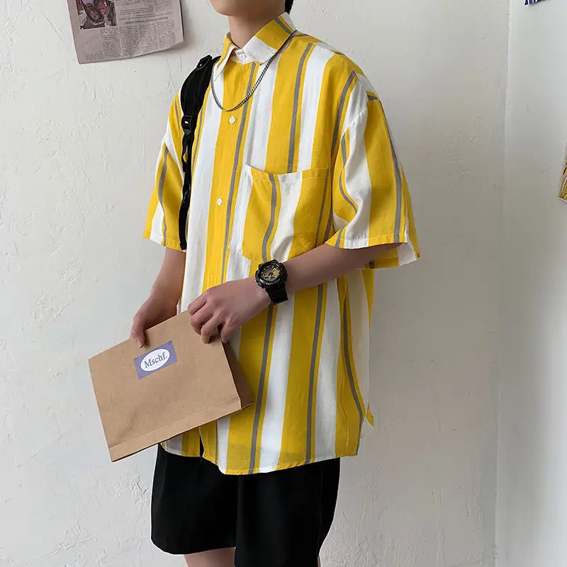 Men's Cat Print Short Sleeve Shirt Hong Kong Style Loose Casual