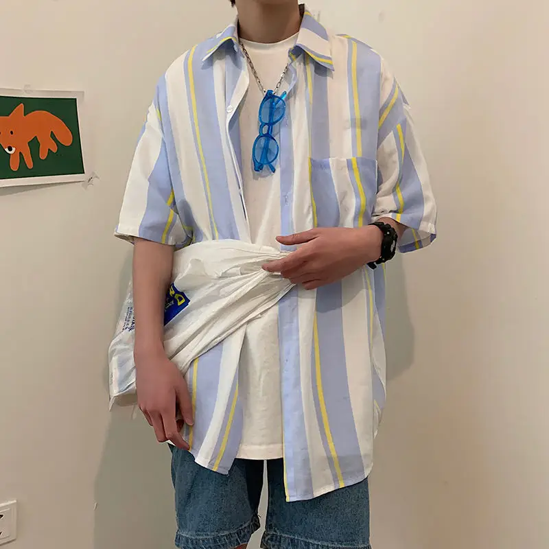 Men's Cat Print Short Sleeve Shirt Hong Kong Style Loose Casual