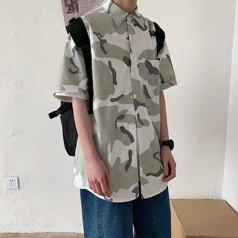 Men's Cat Print Short Sleeve Shirt Hong Kong Style Loose Casual