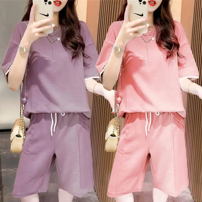 Women Casual Grey Shorts Set Summer Korean Style - Image 7