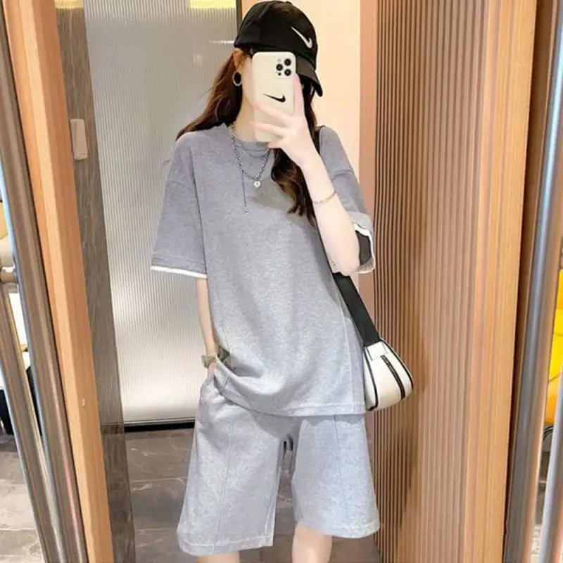 Women Casual Grey Shorts Set Summer Korean Style - Image 8