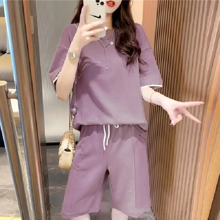 Women Casual Grey Shorts Set Summer Korean Style - Image 3