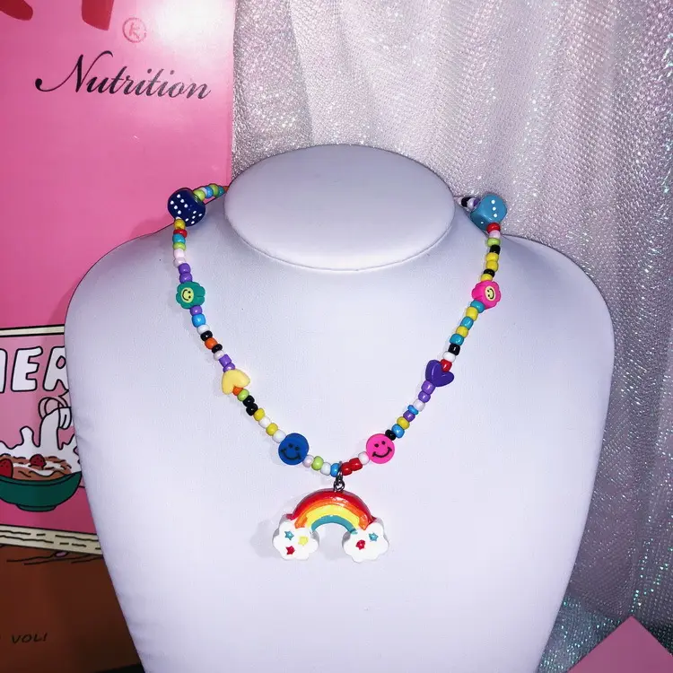 Pink Bunny Rainbow Cartoon Necklace for Women