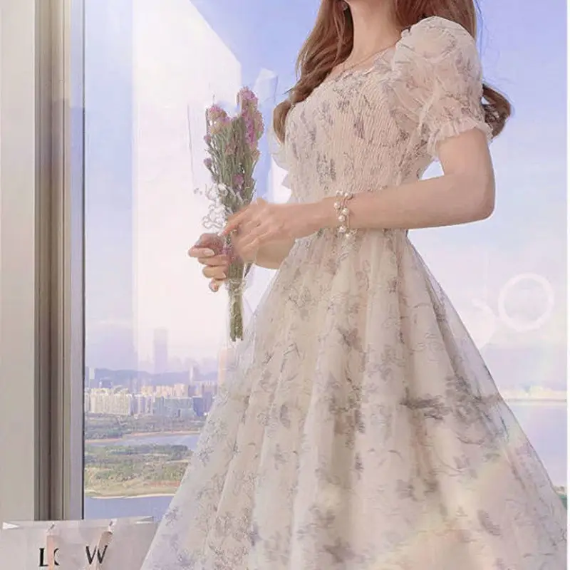 Women's White Chiffon Floral Waist Slimming Dress - Image 2