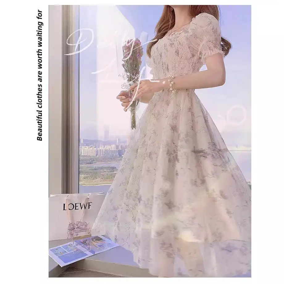 Women's White Chiffon Floral Waist Slimming Dress - Image 3