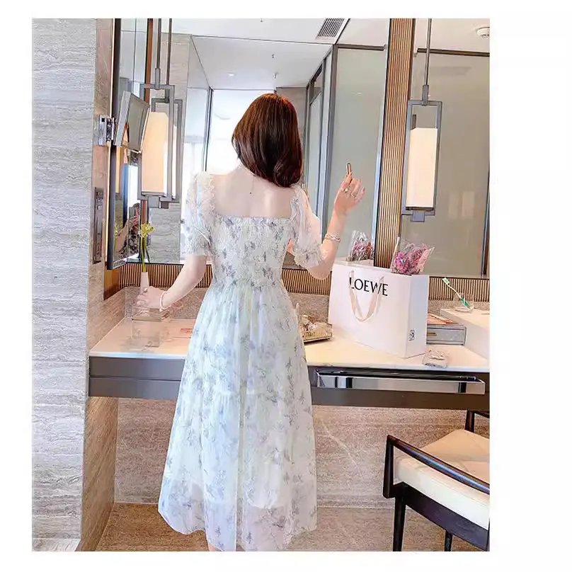 Women's White Chiffon Floral Waist Slimming Dress - Image 4
