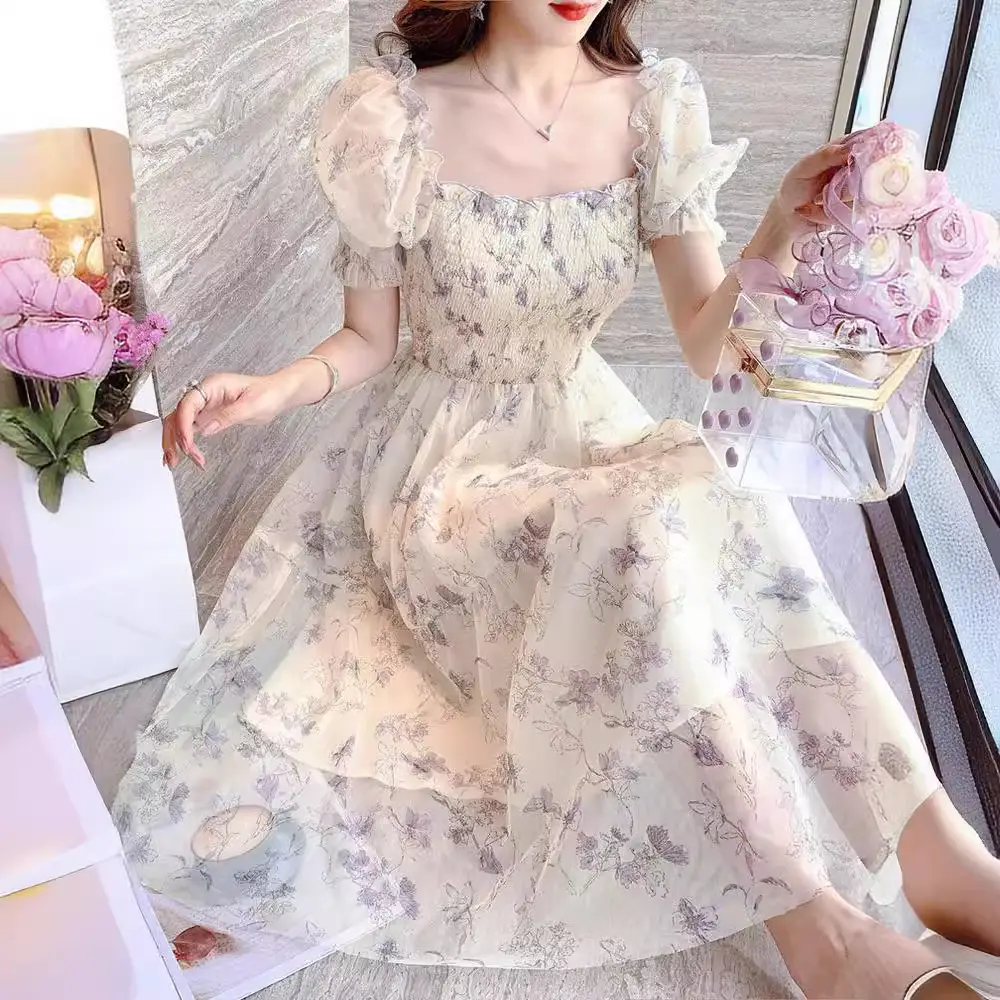 Women's White Chiffon Floral Waist Slimming Dress - Image 5