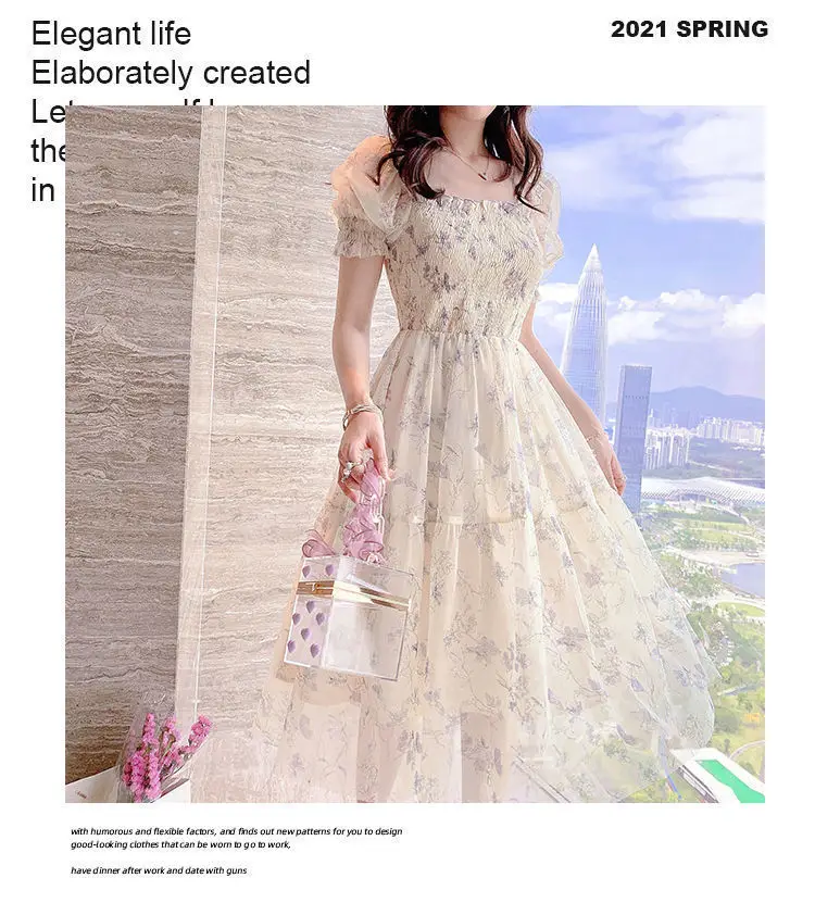 Women's White Chiffon Floral Waist Slimming Dress — feature 45