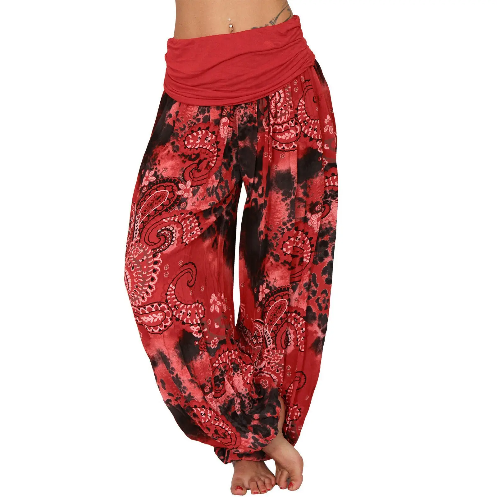 Red Floral Print Long Wide Leg Pants for Women - Image 8