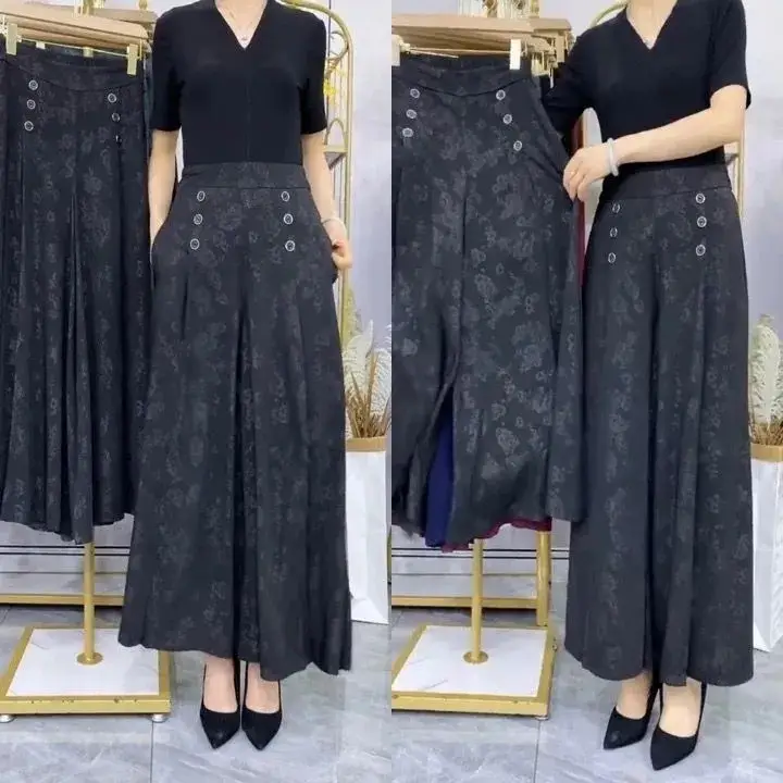 Maroon Ice Silk Jacquard Wide-Leg Pants for Women - Image 8