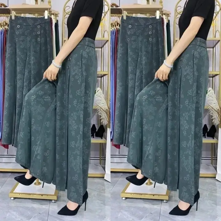 Maroon Ice Silk Jacquard Wide-Leg Pants for Women - Image 9