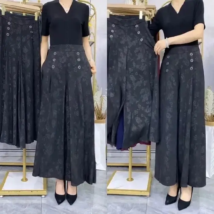 Maroon Ice Silk Jacquard Wide-Leg Pants for Women