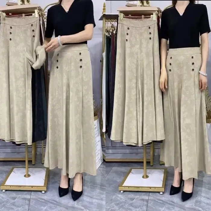 Maroon Ice Silk Jacquard Wide-Leg Pants for Women - Image 3