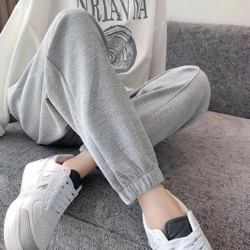 Women's Grey Waffle Knit Jogger Pants Slimming Casual