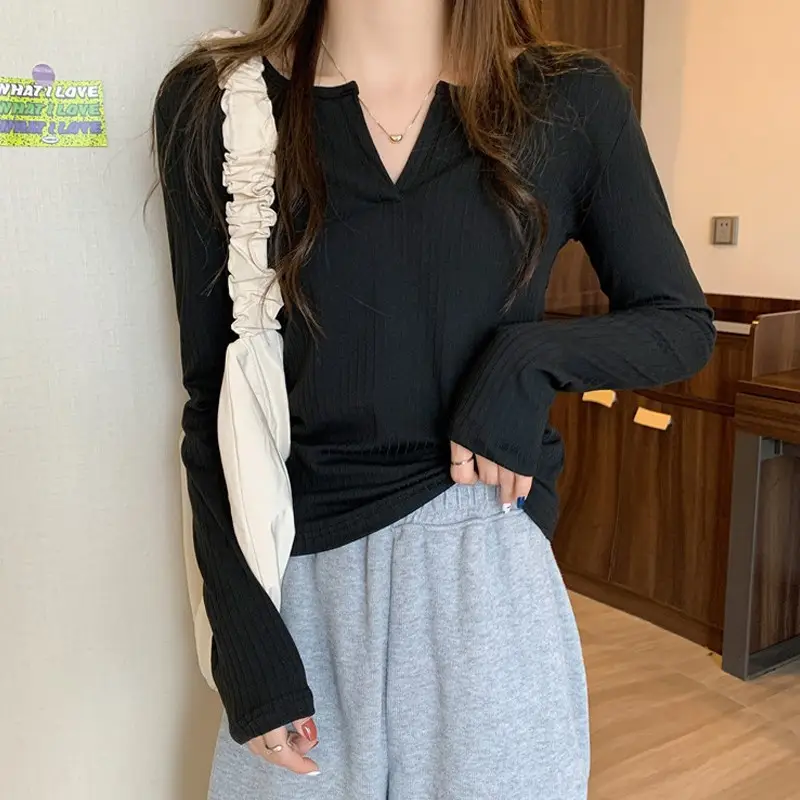 Women V-neck Long Sleeve T-Shirt Grey Slim Fit - Image 4