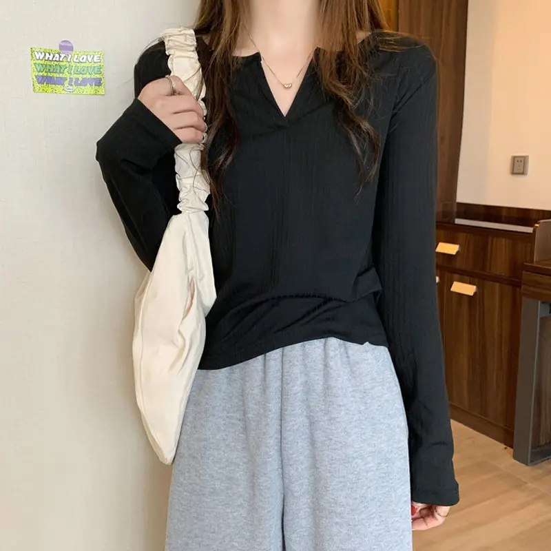 Women V-neck Long Sleeve T-Shirt Grey Slim Fit - Image 5