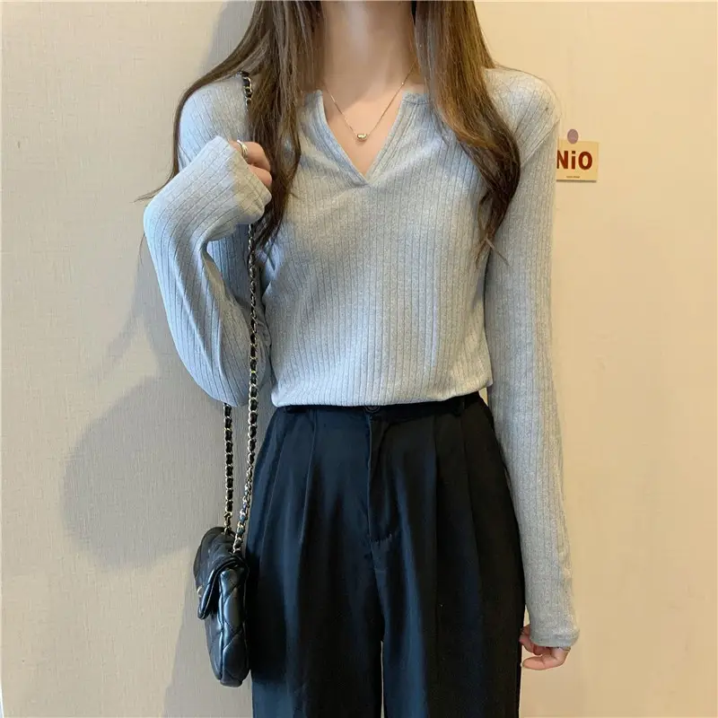 Women V-neck Long Sleeve T-Shirt Grey Slim Fit - Image 6