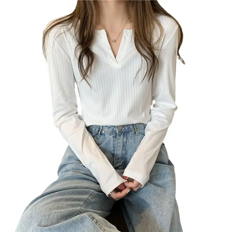Women V-neck Long Sleeve T-Shirt Grey Slim Fit - Image 8