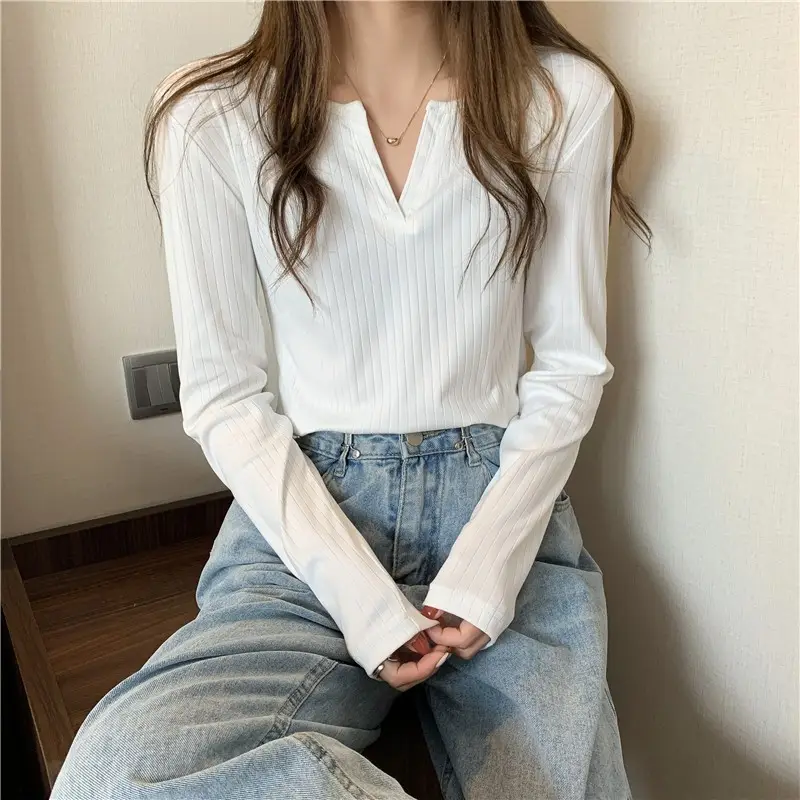 Women V-neck Long Sleeve T-Shirt Grey Slim Fit — feature 12