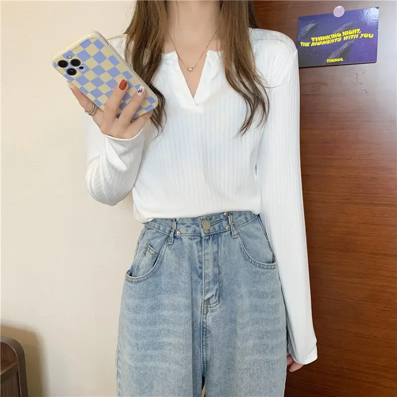Women V-neck Long Sleeve T-Shirt Grey Slim Fit — feature 13