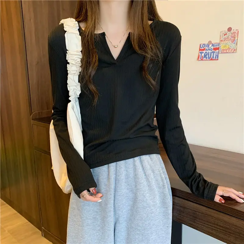 Women V-neck Long Sleeve T-Shirt Grey Slim Fit — feature 2