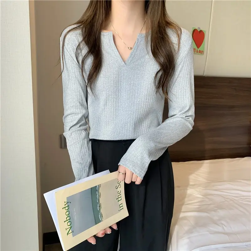 Women V-neck Long Sleeve T-Shirt Grey Slim Fit — feature 7