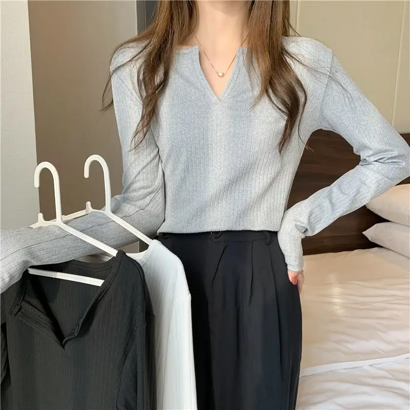 Women V-neck Long Sleeve T-Shirt Grey Slim Fit — feature 8