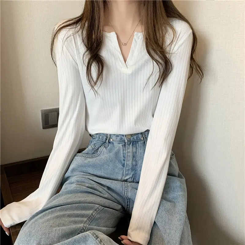 Women V-neck Long Sleeve T-Shirt Grey Slim Fit - Image 3
