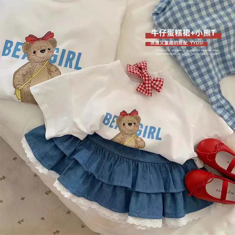 Girls Cartoon Bear T-Shirt with Lace Denim Ruff - Image 3