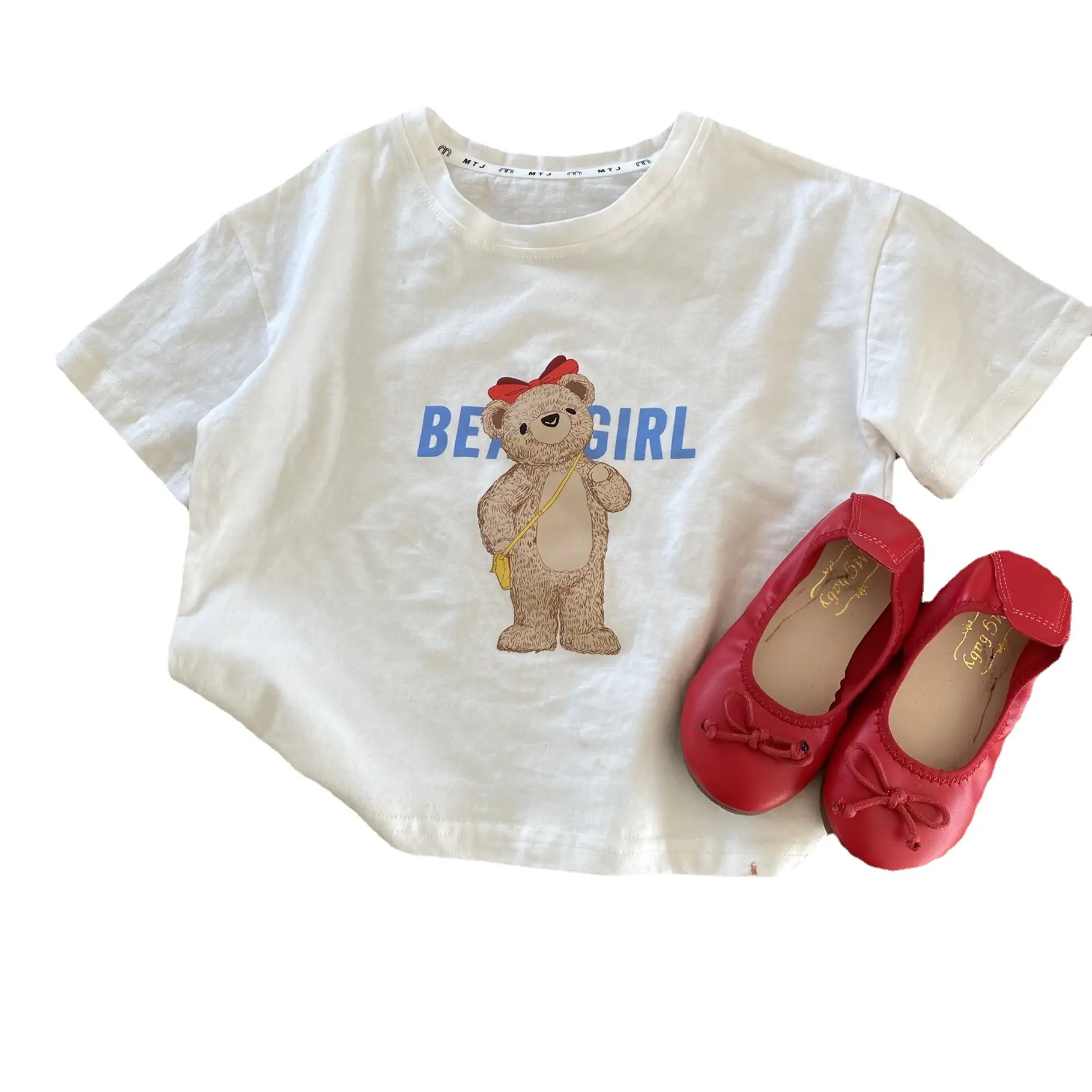Girls Cartoon Bear T-Shirt with Lace Denim Ruff - Image 7