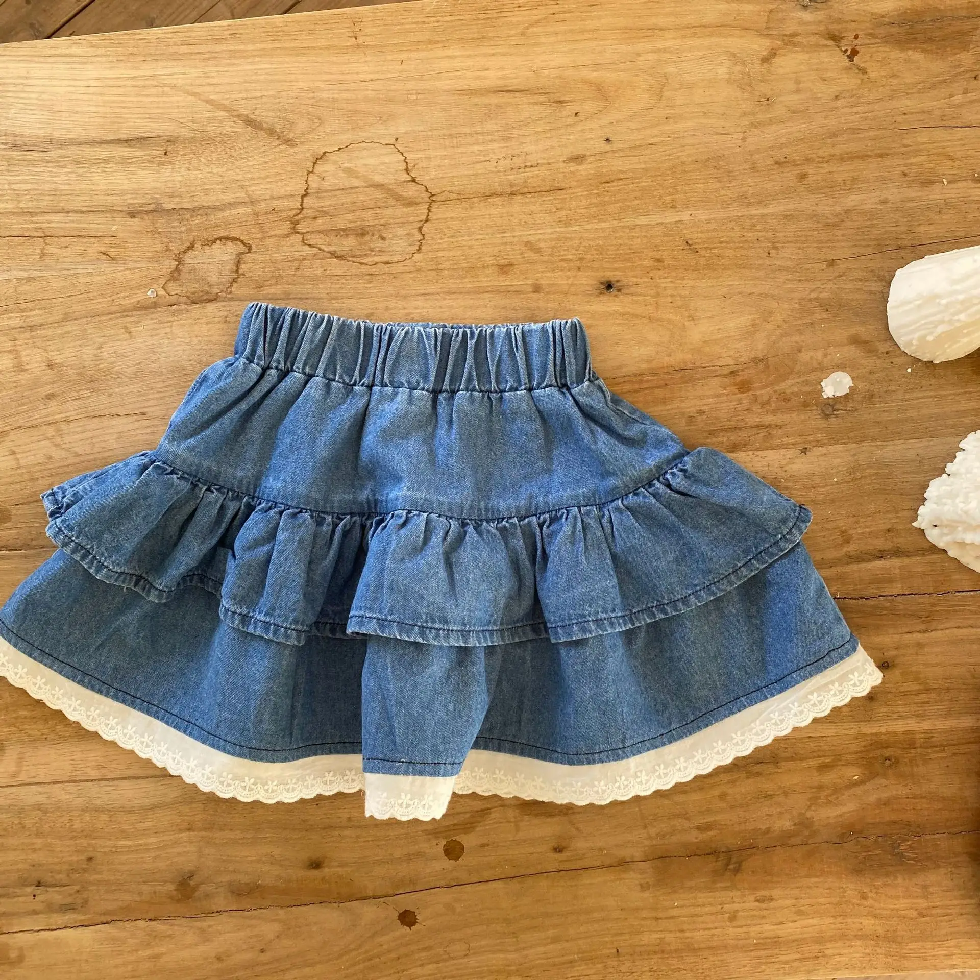 Girls Cartoon Bear T-Shirt with Lace Denim Ruff - Image 2