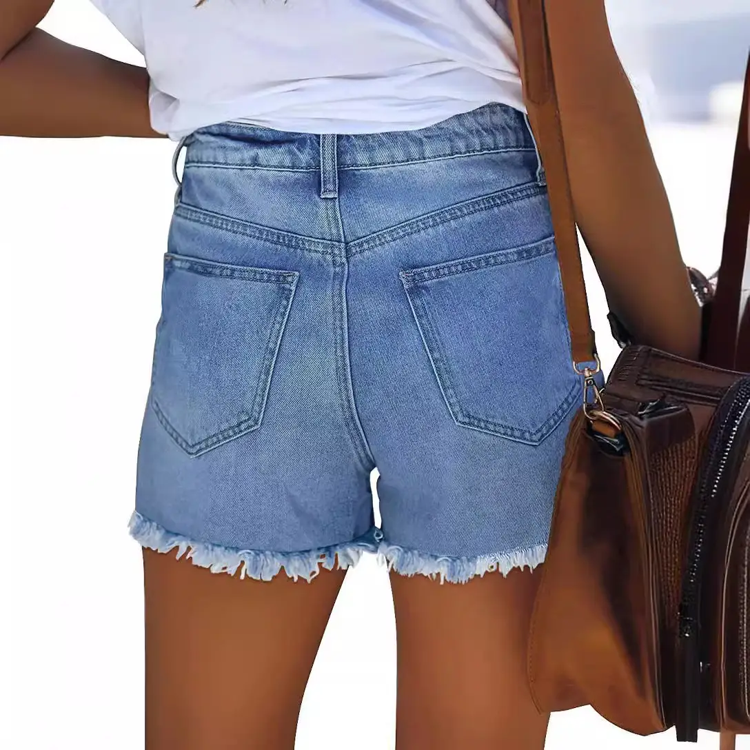 Women Denim Ripped Pocket Shorts with Star Print - Image 4