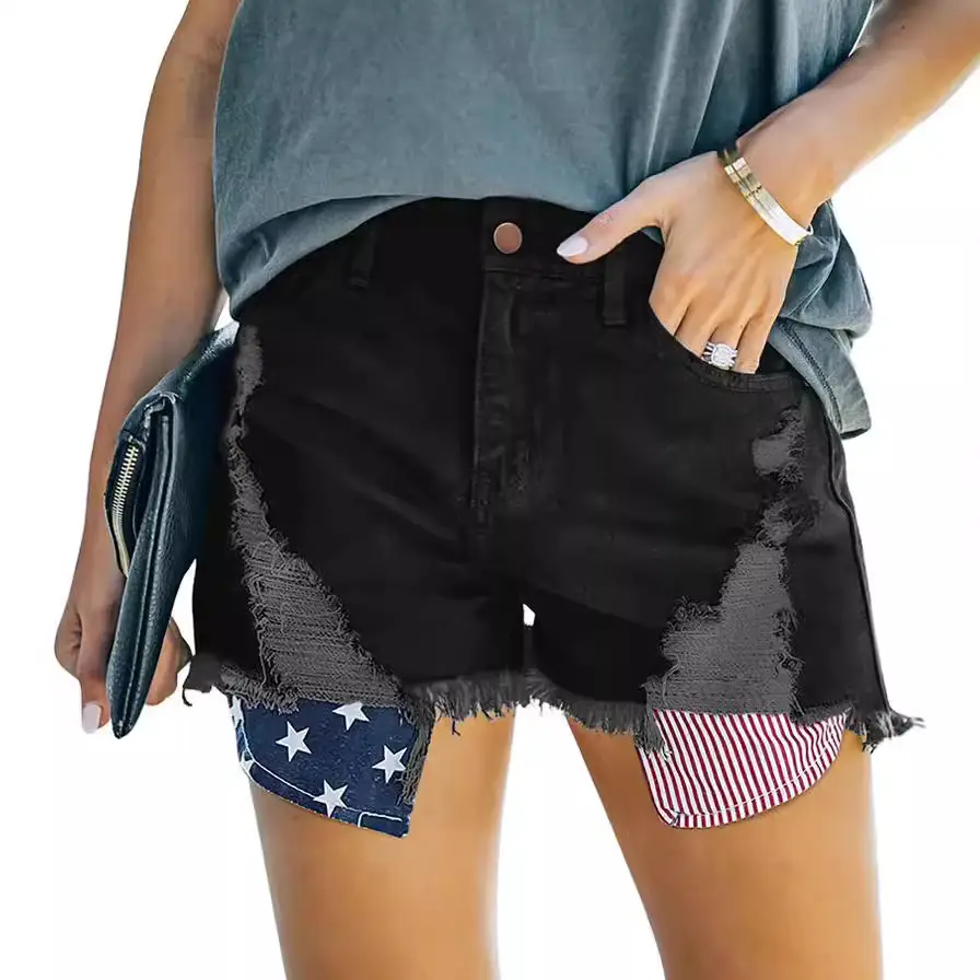 Women Denim Ripped Pocket Shorts with Star Print - Image 5