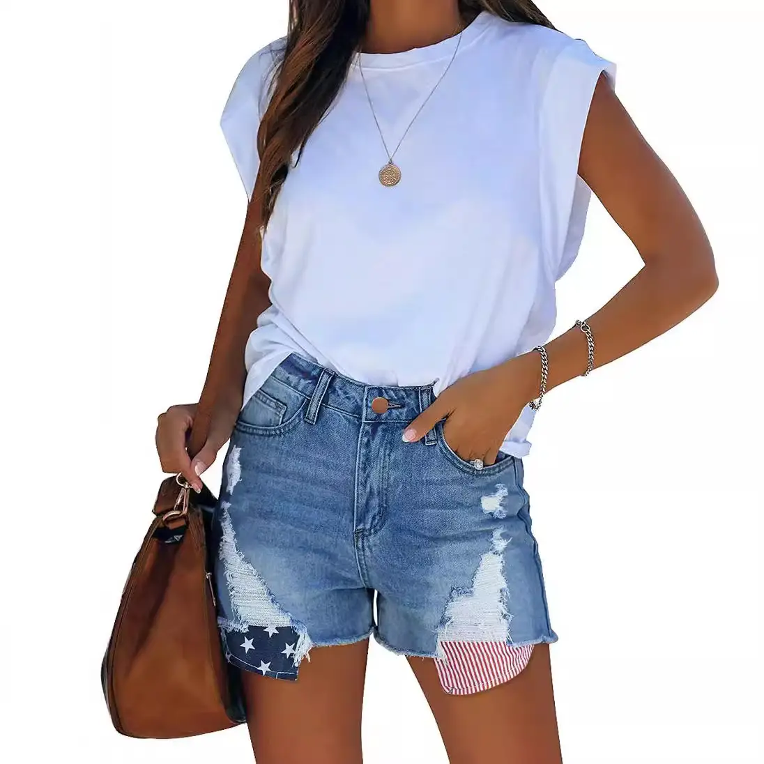 Women Denim Ripped Pocket Shorts with Star Print - Image 6