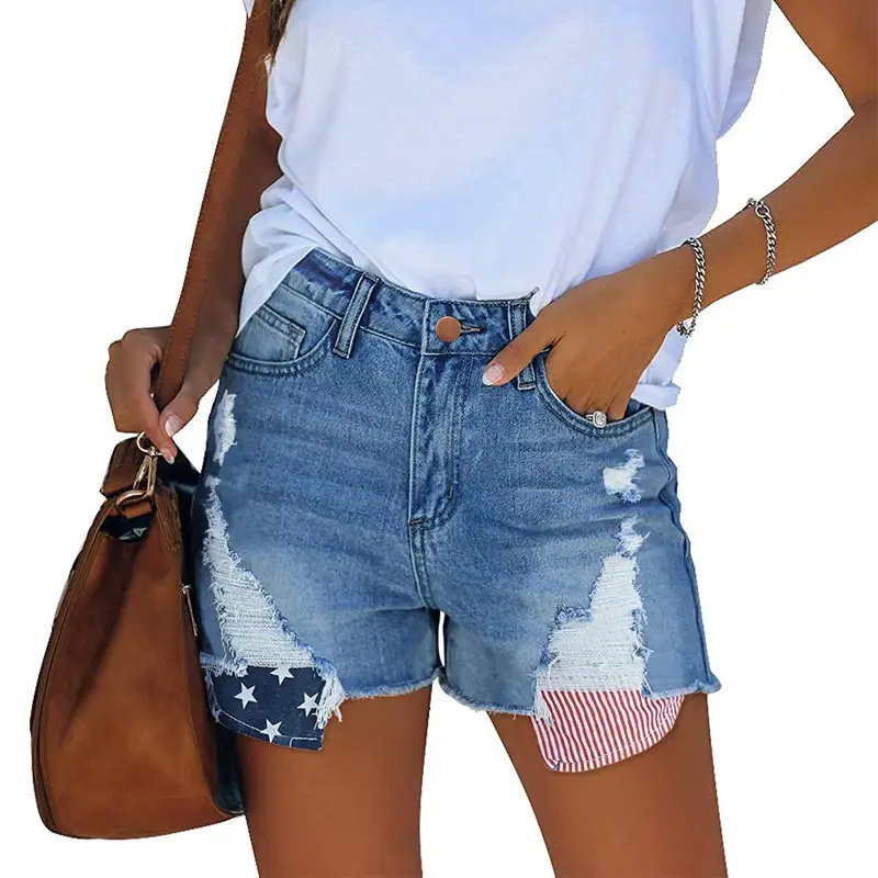 Women Denim Ripped Pocket Shorts with Star Print - Image 7