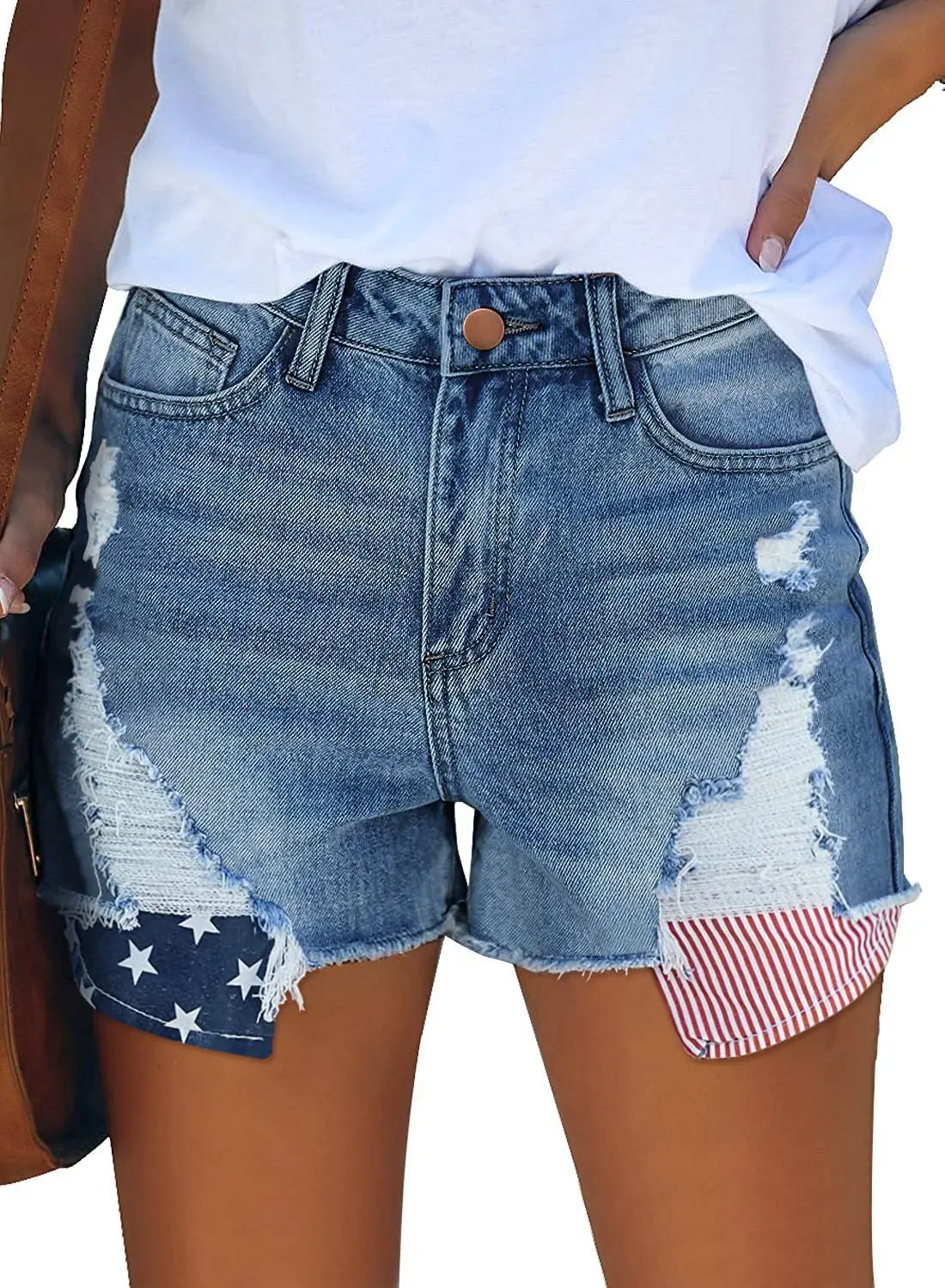 Women Denim Ripped Pocket Shorts with Star Print — feature 10