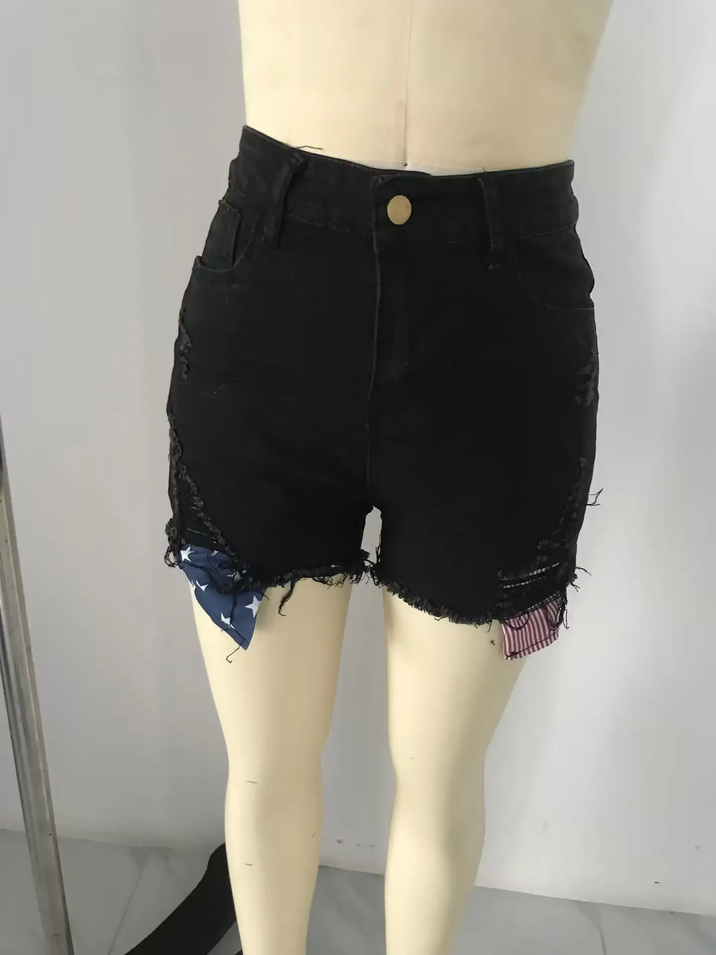 Women Denim Ripped Pocket Shorts with Star Print — feature 2