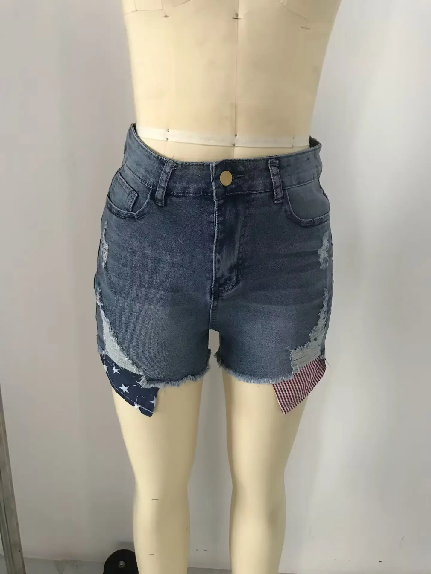 Women Denim Ripped Pocket Shorts with Star Print — feature 4