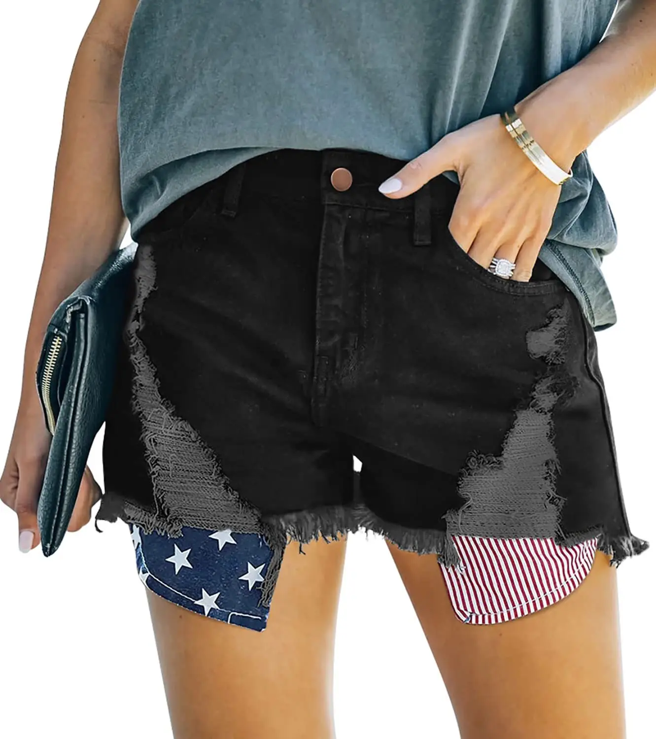 Women Denim Ripped Pocket Shorts with Star Print — feature 5