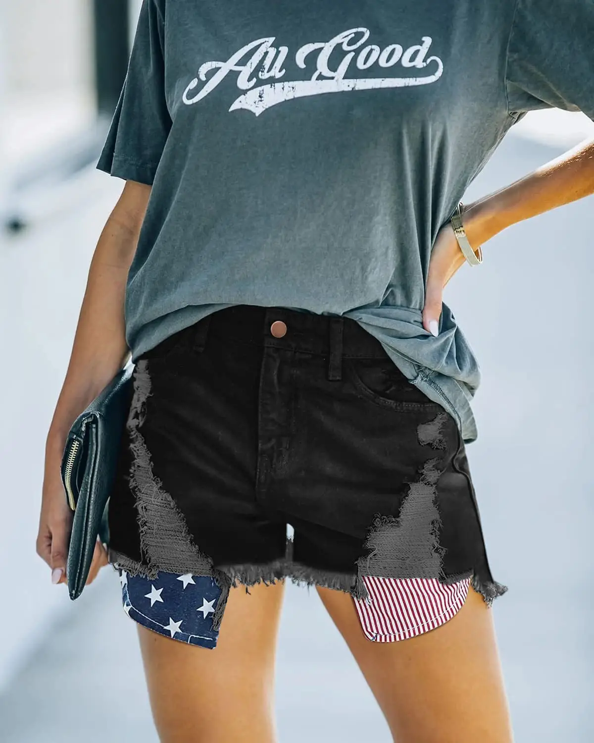 Women Denim Ripped Pocket Shorts with Star Print — feature 6