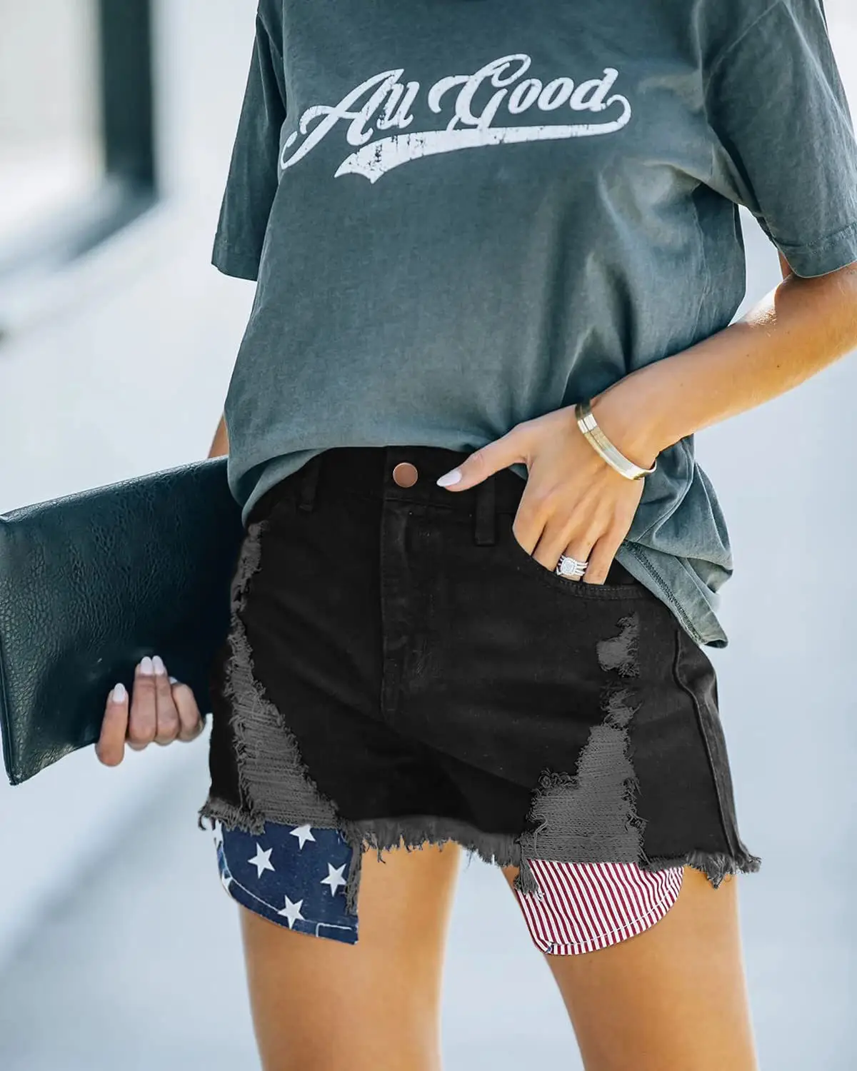 Women Denim Ripped Pocket Shorts with Star Print — feature 7
