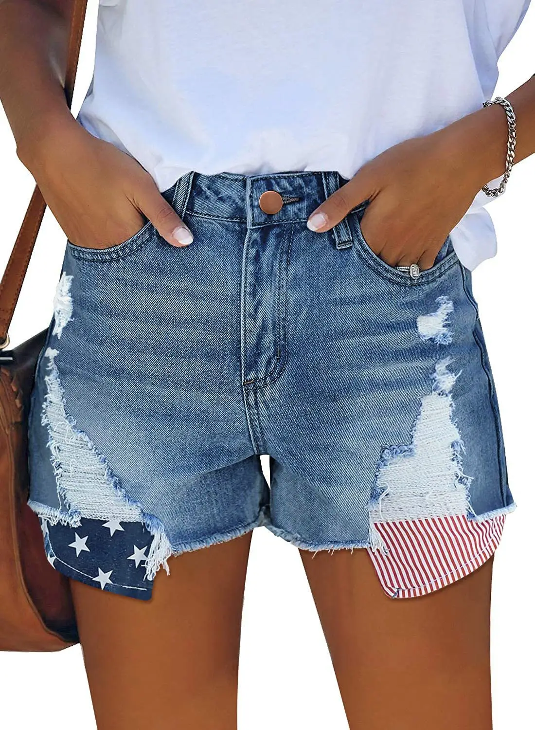 Women Denim Ripped Pocket Shorts with Star Print - Image 2