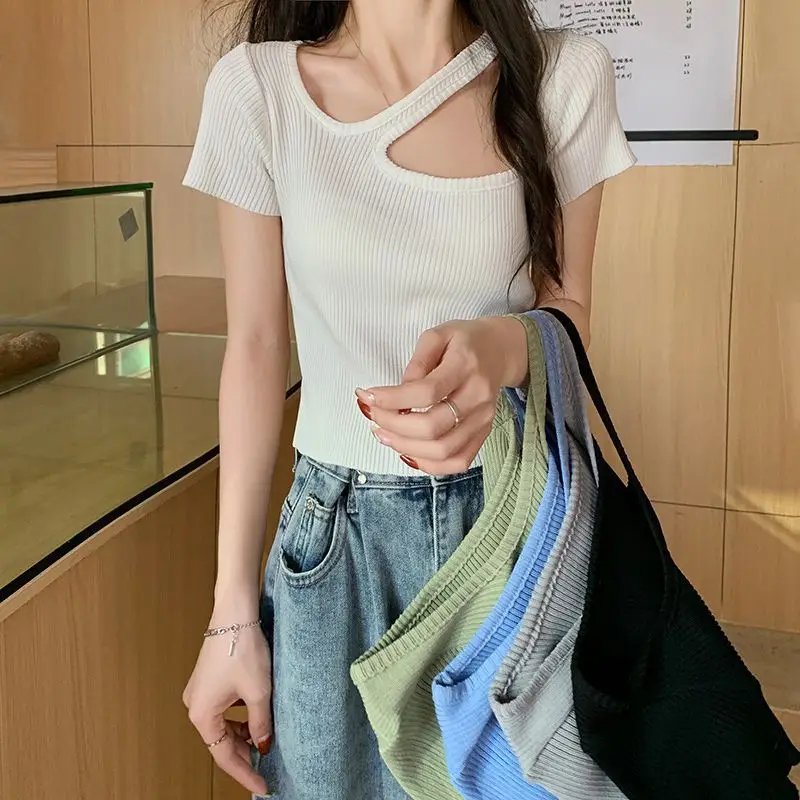 Women Blue Knitted Short Sleeve T-Shirt Top with Heart Collar - Image 7