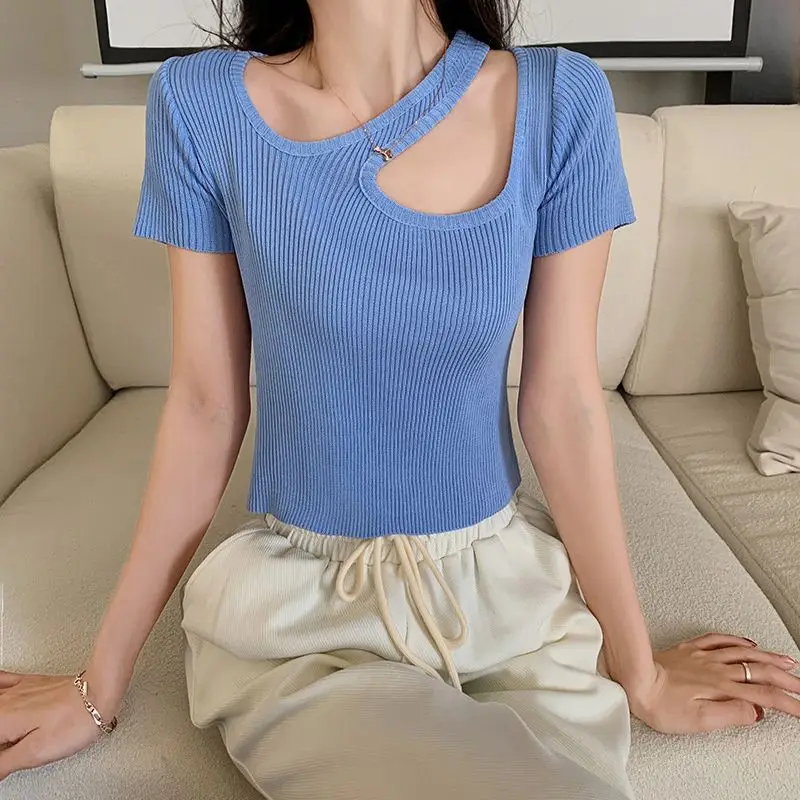 Women Blue Knitted Short Sleeve T-Shirt Top with Heart Collar - Image 8