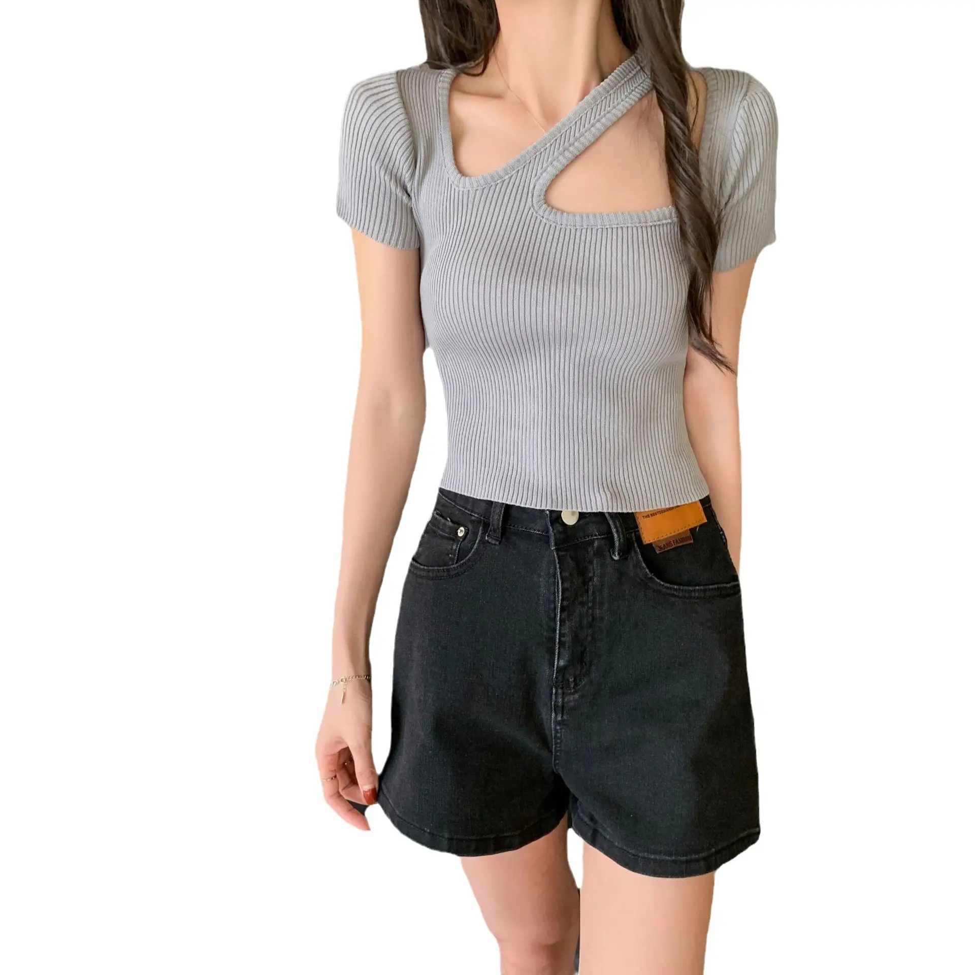 Women Blue Knitted Short Sleeve T-Shirt Top with Heart Collar - Image 10