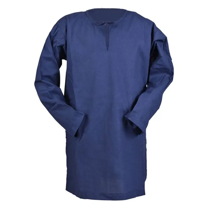 Blue Linen Men's Shirt Retro Round Neck Loose Casual