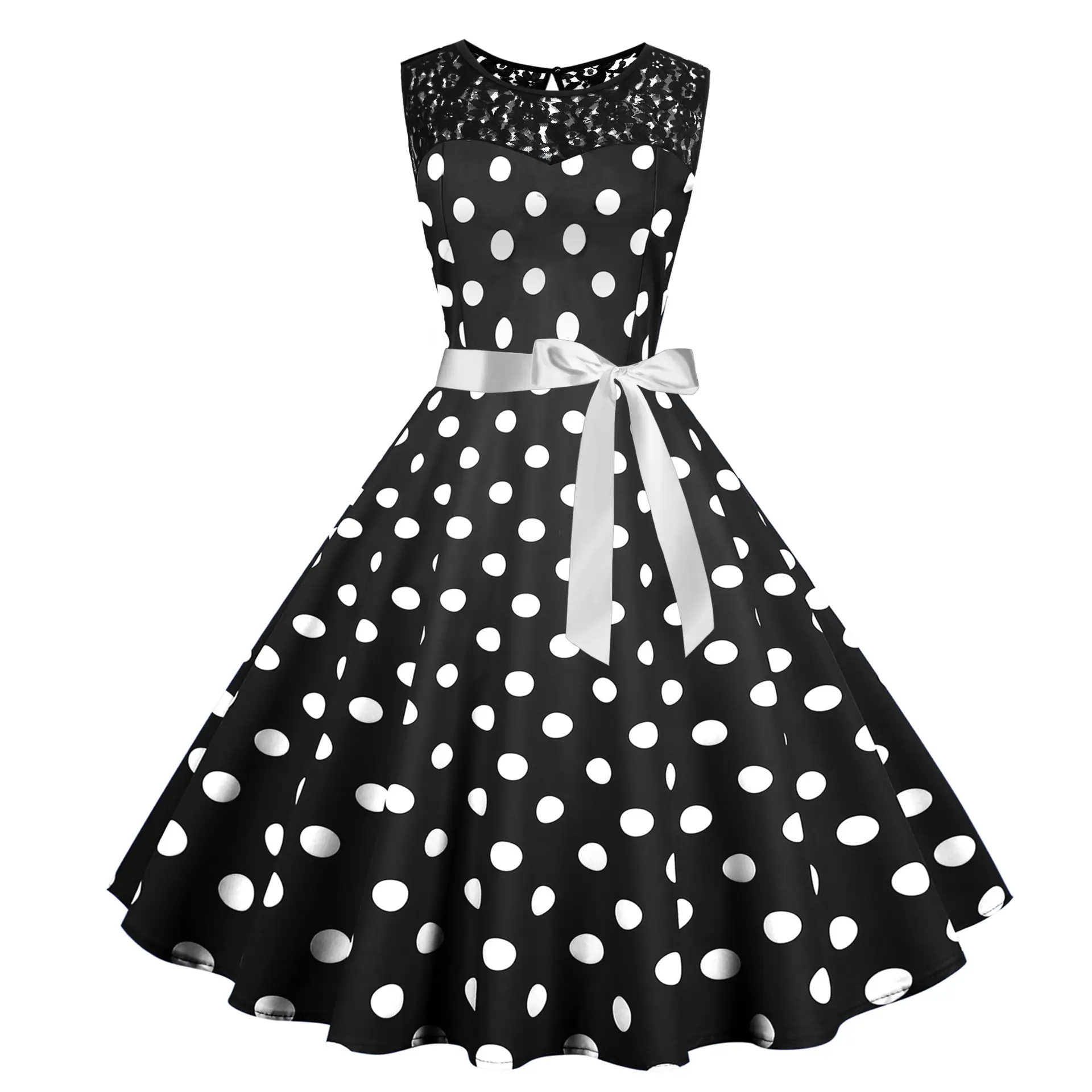 Blue Polka Dot Lace Sleeveless Swing Dress - Image 4